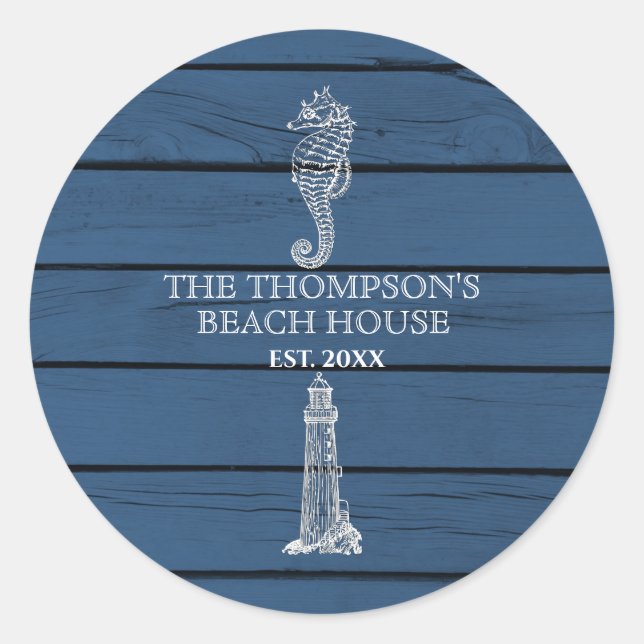 Adesivo Redondo Rustic Blue Wood Sea Lighthouse Beach House (Frente)