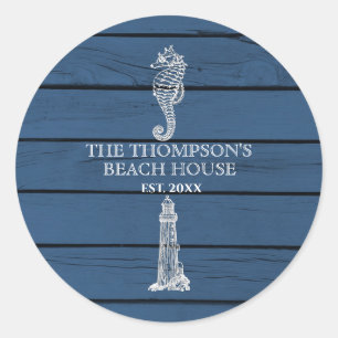 Adesivo Redondo Rustic Blue Wood Sea Lighthouse Beach House