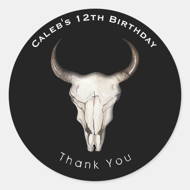 Adesivo Redondo Rustic Boho Bohemian Cow Bull Festa de aniversário (Frente)