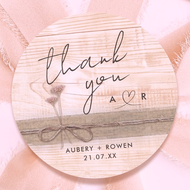 Adesivo Redondo Rustic Boho Burlap Wood Blush Wildflower Obrigado (Criador carregado)