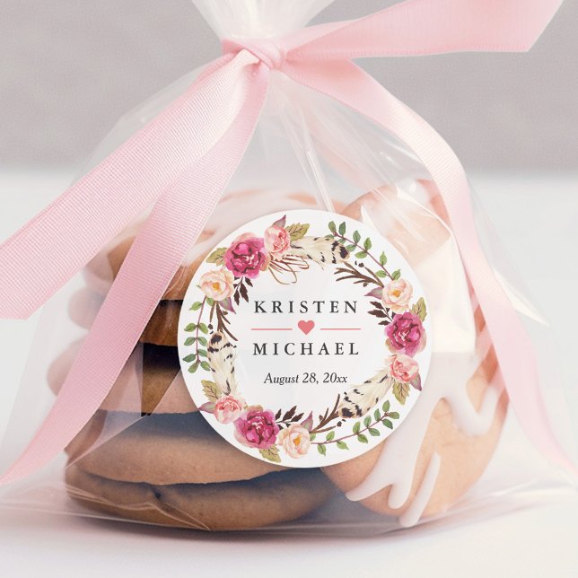 Adesivo Redondo Rustic Boho Feather Floral Wreath Casamento Favor (Criador carregado)