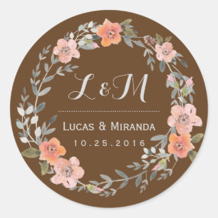 Adesivo Redondo Rustic Brown Flower Wreath Casamento Favor Sticker
