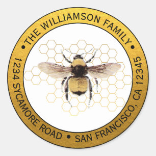 Adesivo Redondo Rustic BumbleBee Round Endereço de Retorno Dourado