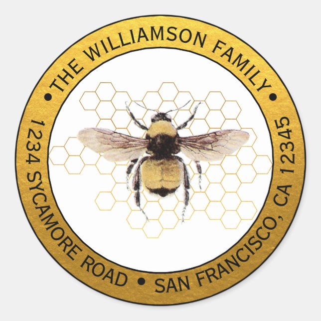 Adesivo Redondo Rustic BumbleBee Round Endereço de Retorno Dourado (Frente)