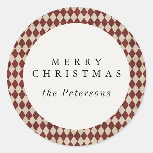 Adesivo Redondo Rustic Burgundy Argyle Holiday (Frente)