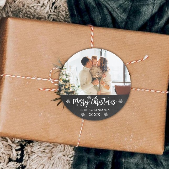 Adesivo Redondo Rustic Chalkboard Snowflakes Foto Feliz Natal (Criador carregado)