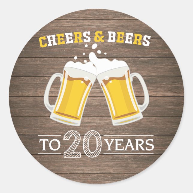 Adesivo Redondo Rustic Cheers and Beers to 20 Anos (Frente)