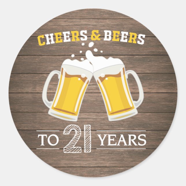 Adesivo Redondo Rustic Cheers and Beers to 21 Anos (Frente)