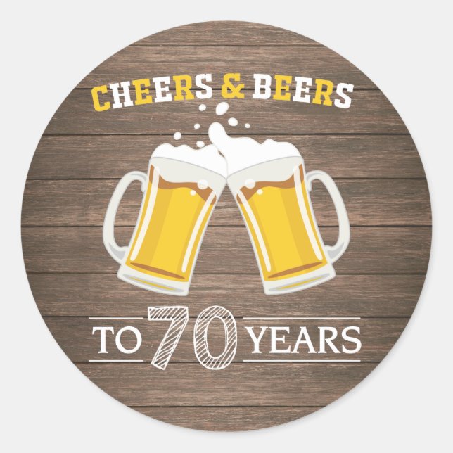 Adesivo Redondo Rustic Cheers and Beers to 70 Anos (Frente)