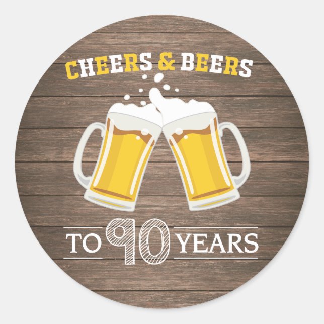 Adesivo Redondo Rustic Cheers and Beers to 90 Anos (Frente)