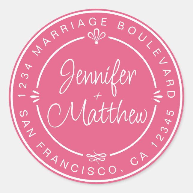 Adesivo Redondo Rustic Chic Weding Monograma Return Address Pink (Frente)