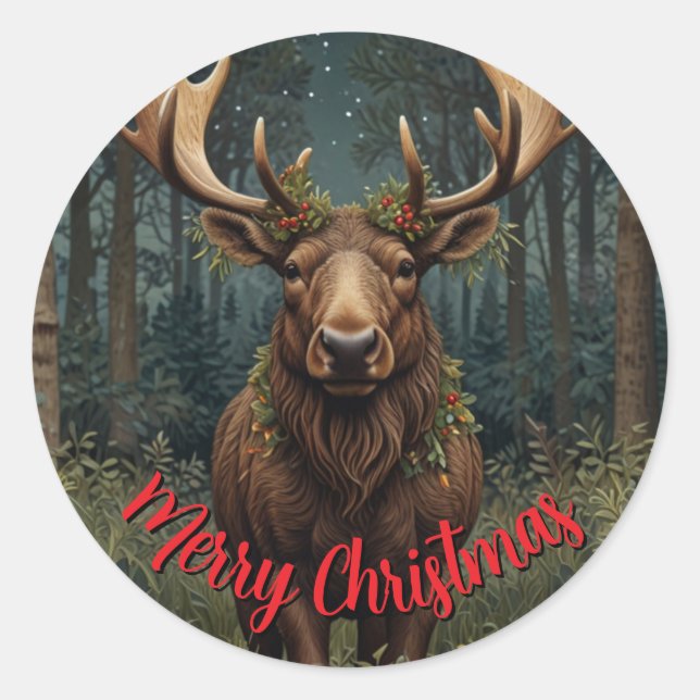 Adesivo Redondo Rustic Christmas moose deer boho woodland forest  (Frente)