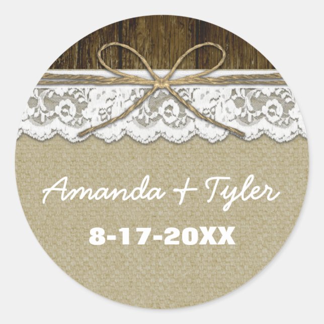 Adesivo Redondo Rustic Country Burlap Lace Casamento Favor Sticker (Frente)