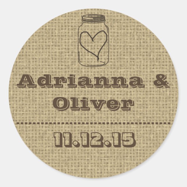 Adesivo Redondo Rustic Country Burlap Mason Jar Casamento Favor (Frente)