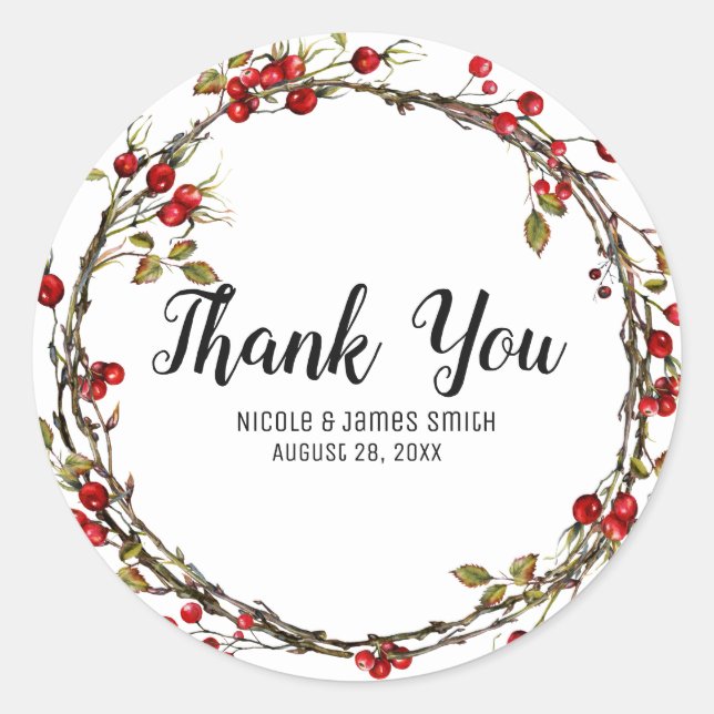 Adesivo Redondo Rustic Cranberry Berries Holiday Wreath Favor (Frente)