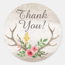 Adesivo Redondo Rustic Deer Antler Bohemian Floral Wood Obrigado