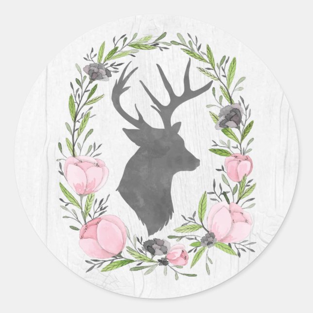 Adesivo Redondo Rustic Deer Silhouette Floral Wreath Cameo sobre m (Frente)