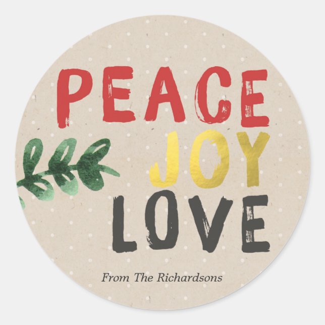 Adesivo Redondo Rustic Dourado Peace Joy and Love Christmas Sticke (Frente)