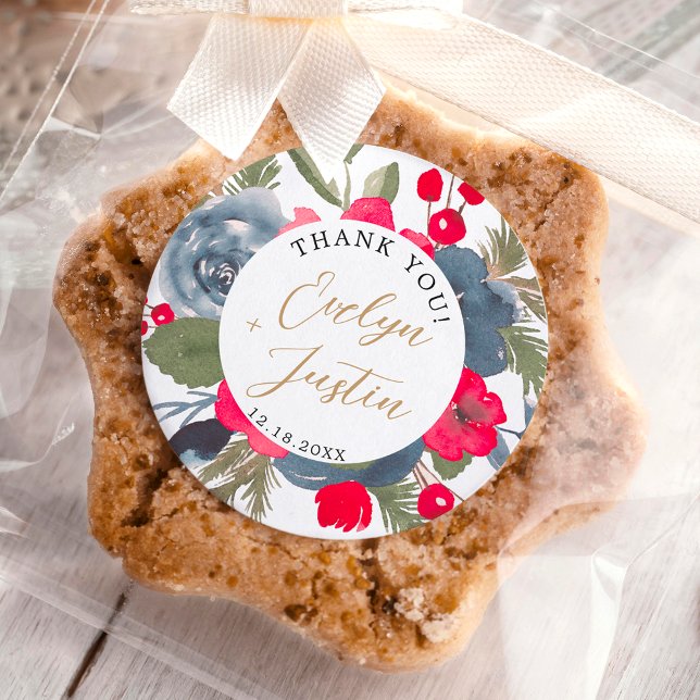 Adesivo Redondo Rustic Elegant Winter Floral red obrigado você (Rustic Elegant Winter Floral red green thank you Classic Round Sticker)