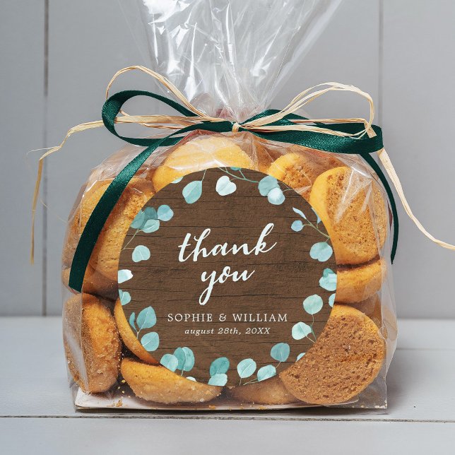 Adesivo Redondo Rustic Eucalyptus e Brown Wood Obrigado (Criador carregado)