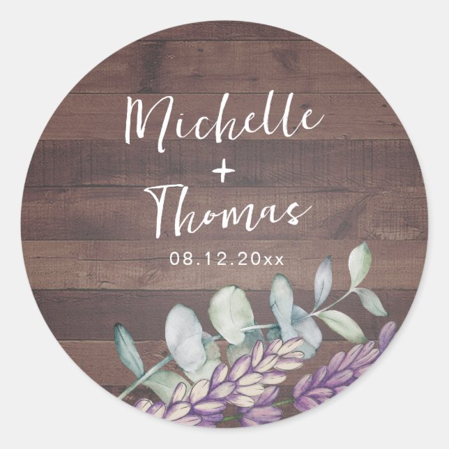 Adesivo Redondo Rustic Eucalyptus & Lavender Wedding (Frente)