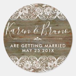 Adesivo Redondo Rustic Faux Wood & White Floral Lace RSVP