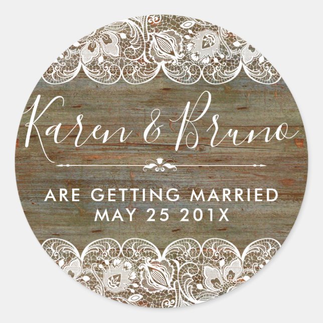 Adesivo Redondo Rustic Faux Wood & White Floral Lace RSVP (Frente)