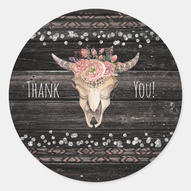 Adesivo Redondo Rustic Floral Cow Skull Boho Chic Party Favor (Frente)