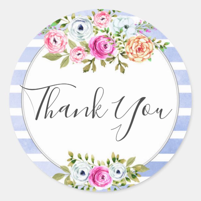 Adesivo Redondo Rustic Floral Watercolor Modern Stripe Obrigado (Frente)