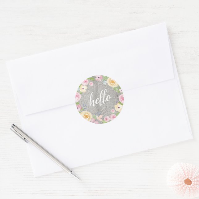 Adesivo Redondo Rustic Floral Wreath Hello (Envelope)