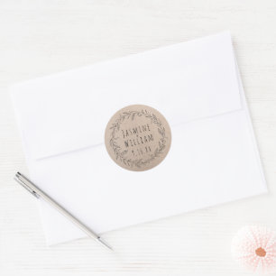 Adesivo Redondo Rustic Floral Wreath Kraft Papel Personalizado Dat