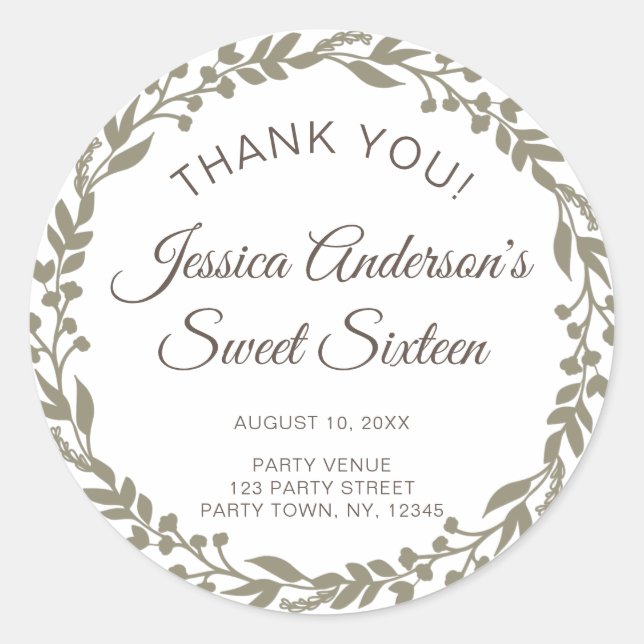 Adesivo Redondo Rustic Floral Wreath Sweetue Dezesseis Obrigado (Frente)