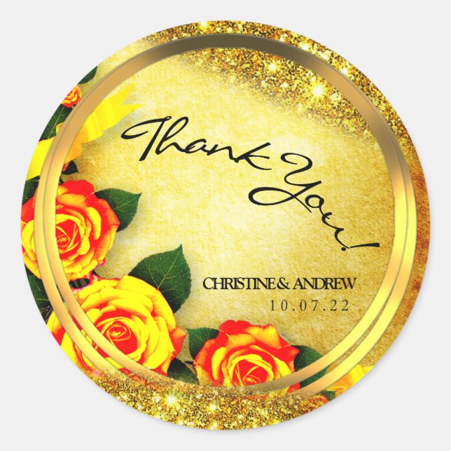 Adesivo Redondo Rustic Gold Glitter Roses Thank You Wedding  (Frente)