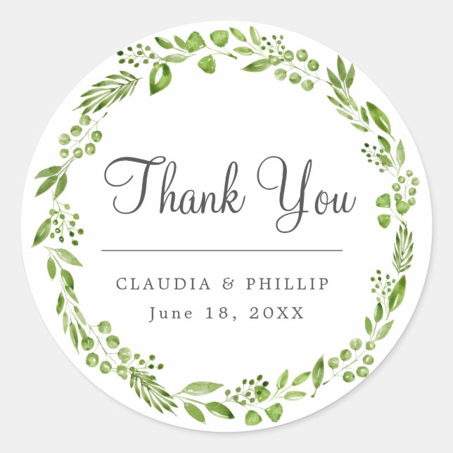 Adesivo Redondo Rustic Green Olive Leaf Wreath Obrigado Casamento (Frente)