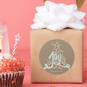 Adesivo Redondo Rustic Hand Lettered Joy Calliografia Kraft Holida