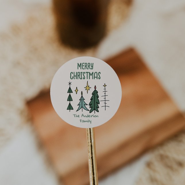 Adesivo Redondo Rustic Hand Painted Green Abstract Christmas Trees (Criador carregado)