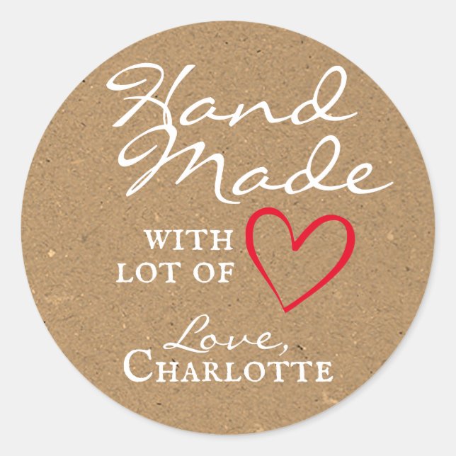 Adesivo Redondo Rustic Handmade with Love Red Heart Kraft Paper (Frente)
