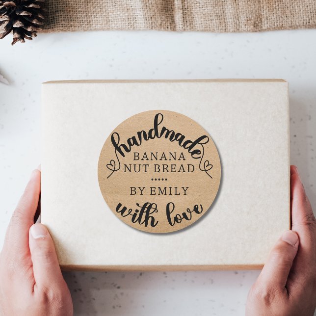 Adesivo Redondo Rustic Handmade with Love Script Heart Kraft paper (Criador carregado)
