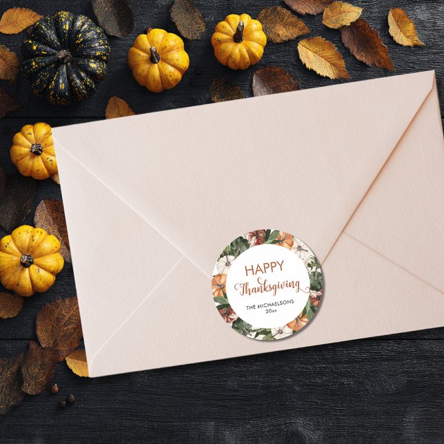 Adesivo Redondo Rustic Happy Graças Pumpkin (Rustic Happy Thanksgiving Pumpkin Classic Round Sticker
)