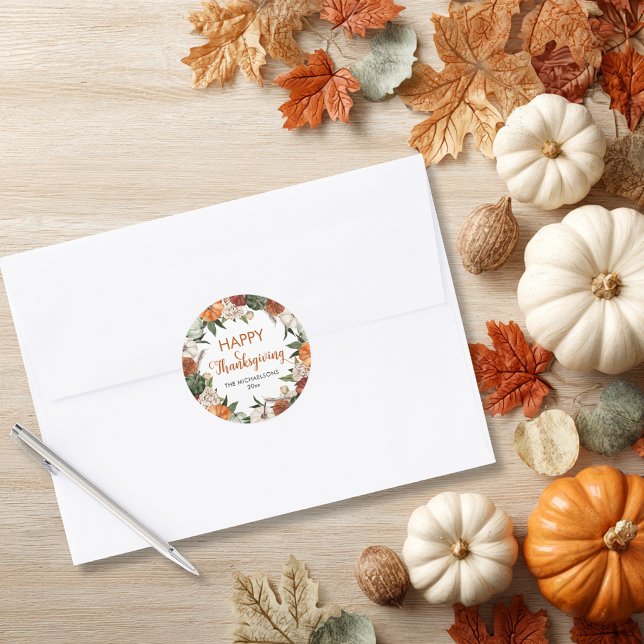 Adesivo Redondo Rustic Happy Graças Pumpkin (Rustic Happy Thanksgiving Pumpkin Classic Round Sticker)