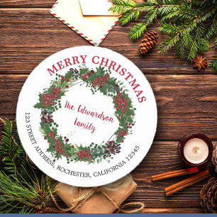 Adesivo Redondo Rustic Holly Wreath Merry endereço de volta de Na