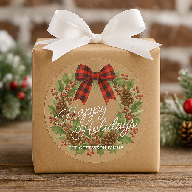 Adesivo Redondo Rustic Holly Wreath Red Black Checking Arco (Criador carregado)