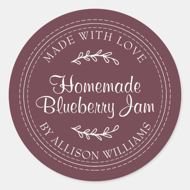 Adesivo Redondo Rustic Homemade Blueberry Jam Canning Burgundy (Frente)