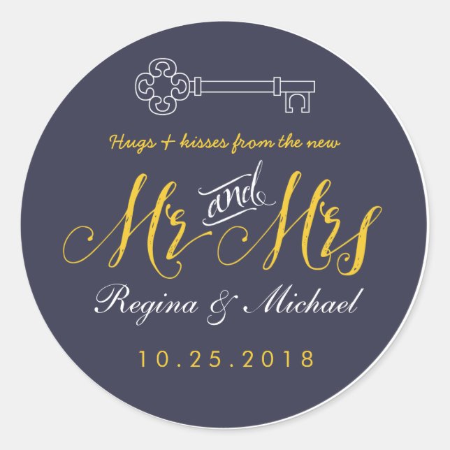 Adesivo Redondo Rustic Key Script Sr. e Sra. Wedding Favor Sticker (Frente)