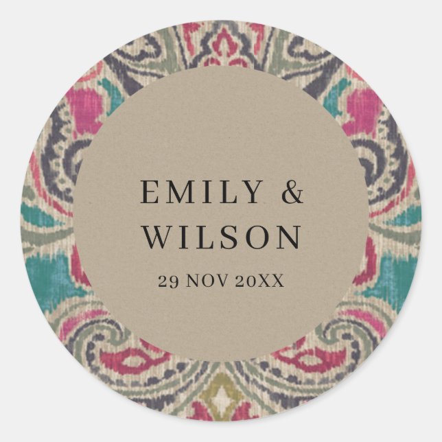 ADESIVO REDONDO RUSTIC KRAFT BOHO TRIBAL IKAT PINK TEAL CASAMENTO (Frente)