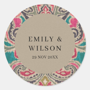ADESIVO REDONDO RUSTIC KRAFT BOHO TRIBAL IKAT PINK TEAL CASAMENTO