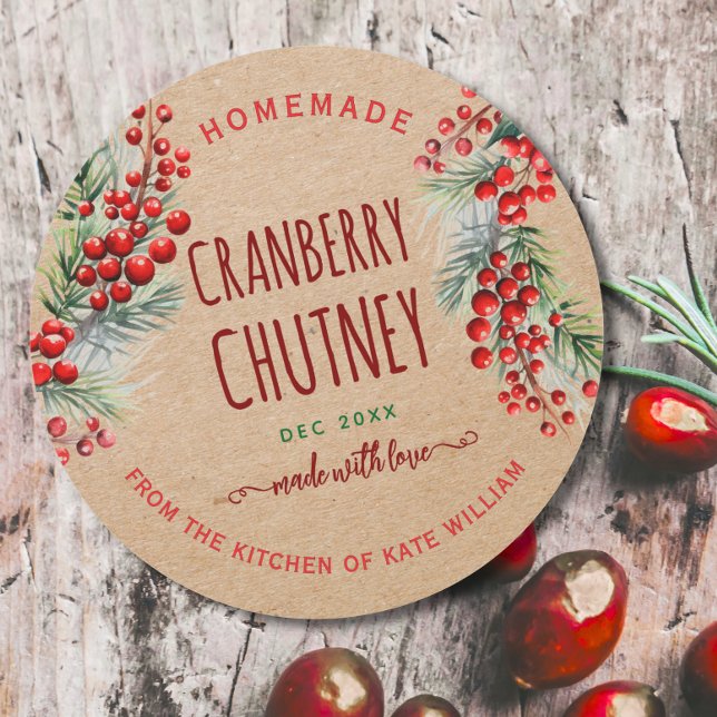Adesivo Redondo Rustic Kraft Christmas Cranberry Chutney Labels (Criador carregado)