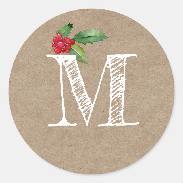 Adesivo Redondo Rustic Kraft Christmas Holly Monogram Initial (Frente)