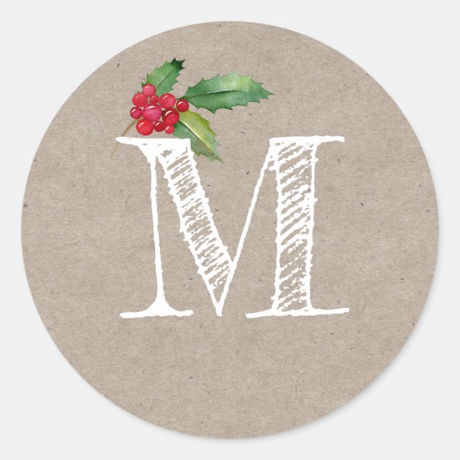 Adesivo Redondo Rustic Kraft Christmas Holly Monogram Initial (Frente)
