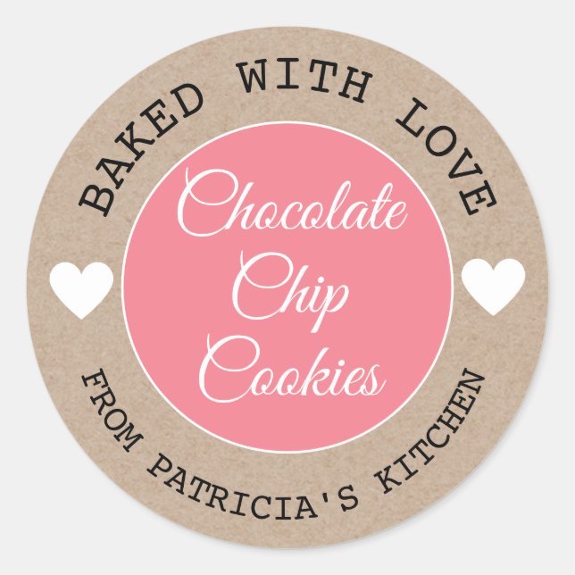 Adesivo Redondo Rustic Kraft Fez Com Cookies De Choco De Amor Rosa (Frente)